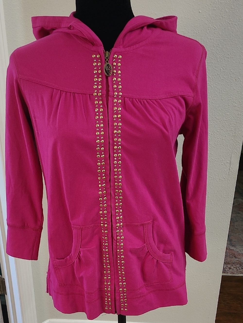 Oleg Cassini Sport Hot Pink Stud-Trim Hoodie Jacket Size Small